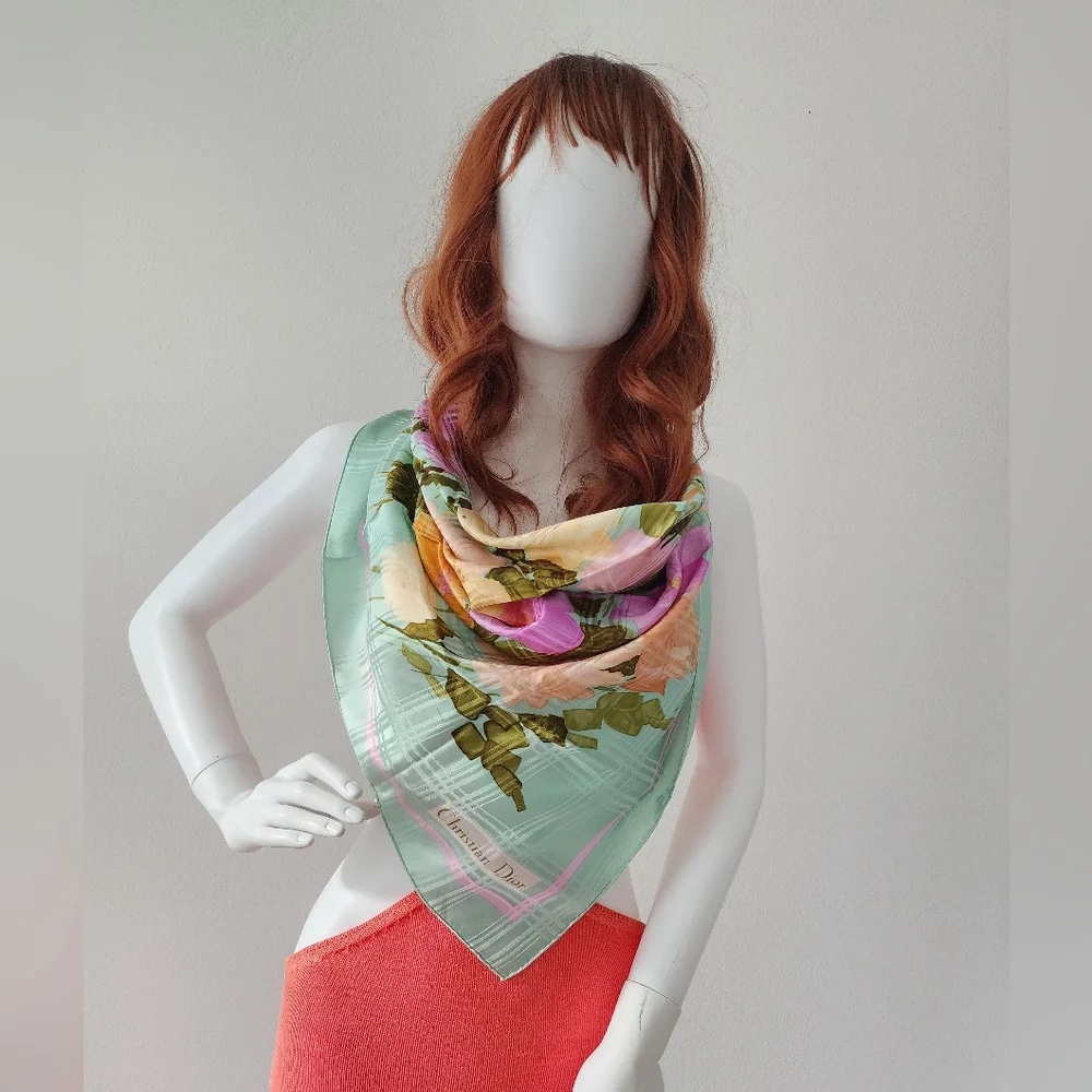 Auth Dior Pastel Plaid Sage Green Silk Scarf